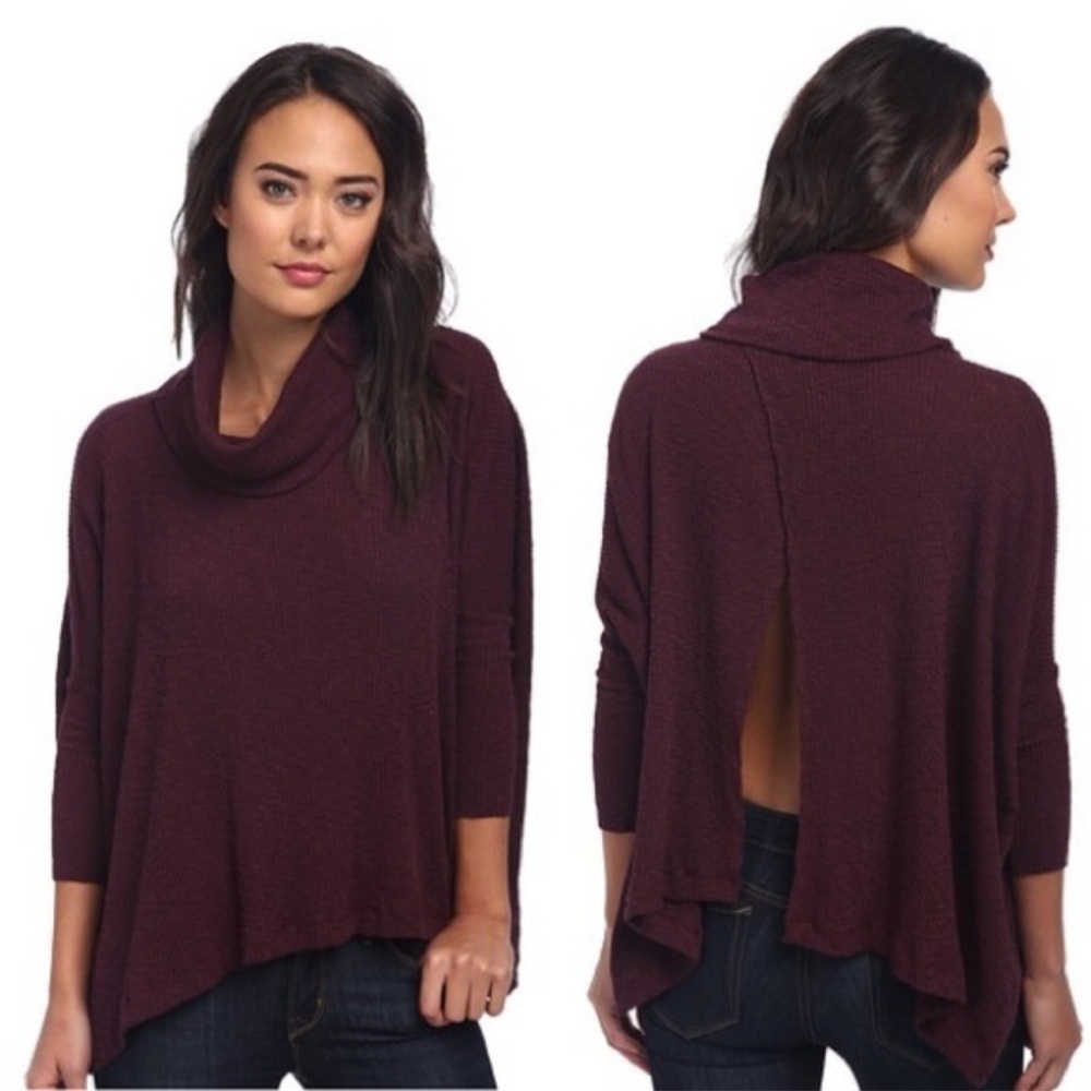 Free People Beach Traveler Cowl Neck Pullover Split Back Top in Purple, Size M